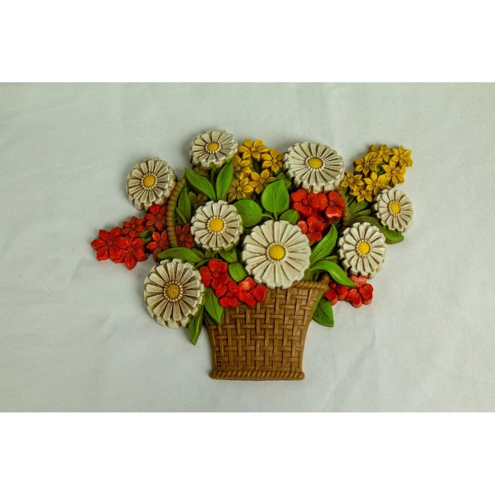 Vintage 1975 Syroco Floral Basket Wall Hanging Plaque 7335 Made in USA MCM Decor